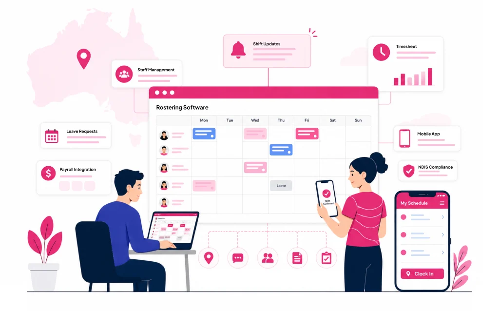 Best rostering software Australia dashboard showing employee scheduling, NDIS shifts, and timesheet tracking