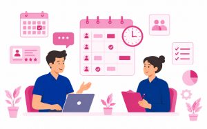 Support coordinator managing NDIS support workers using rostering and compliance software in Australia