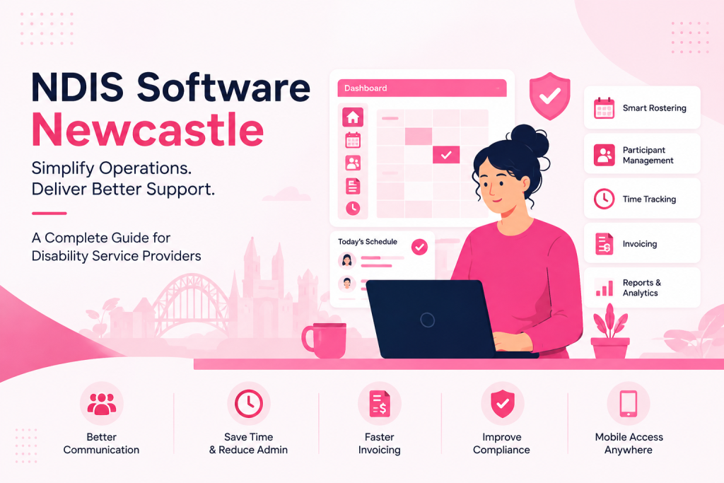 NDIS Software Newcastle dashboard for disability service providers managing rostering, participant records, invoicing, and compliance.